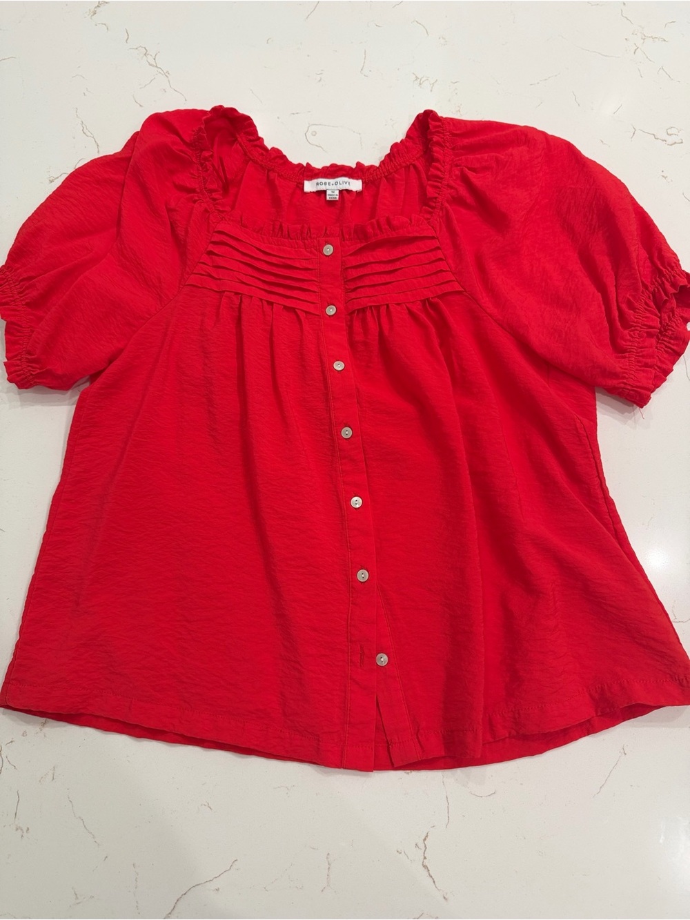 Rose & Olive Bright Red Button-Front Pintuck Top